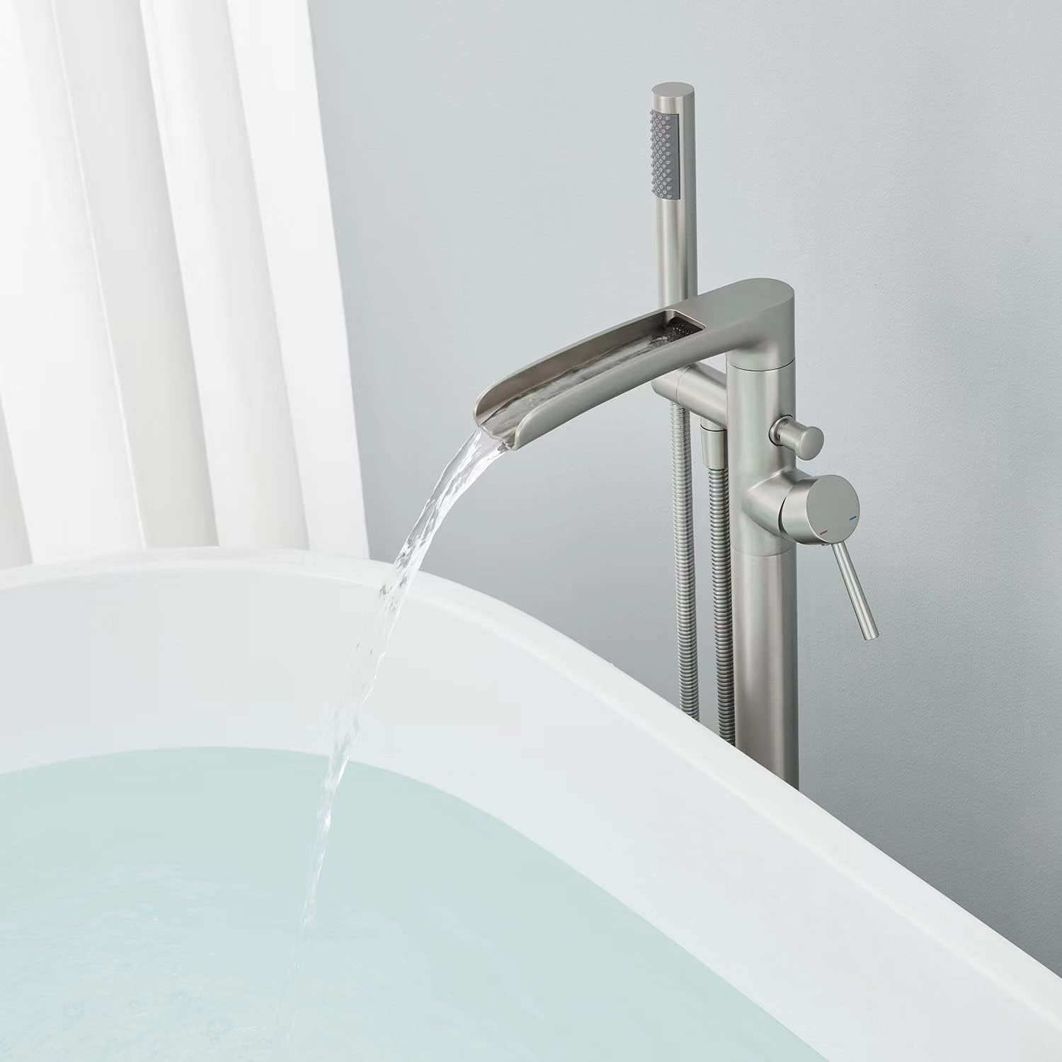 Wowkk Waterfall Freestanding Bathtub Faucet Brushed Nickel Floor Mount Tub Filler Brass Single Handle Bathroom Faucets with Hand Shower
