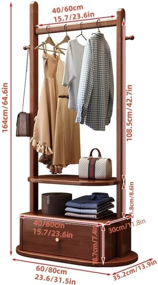 Wood Garment Rack Freestanding Clothes Rack with Shelves & Drawer Floor-Standing Clothing Storage Coat Rack Organizer Solid Construction(Brown,80cm)