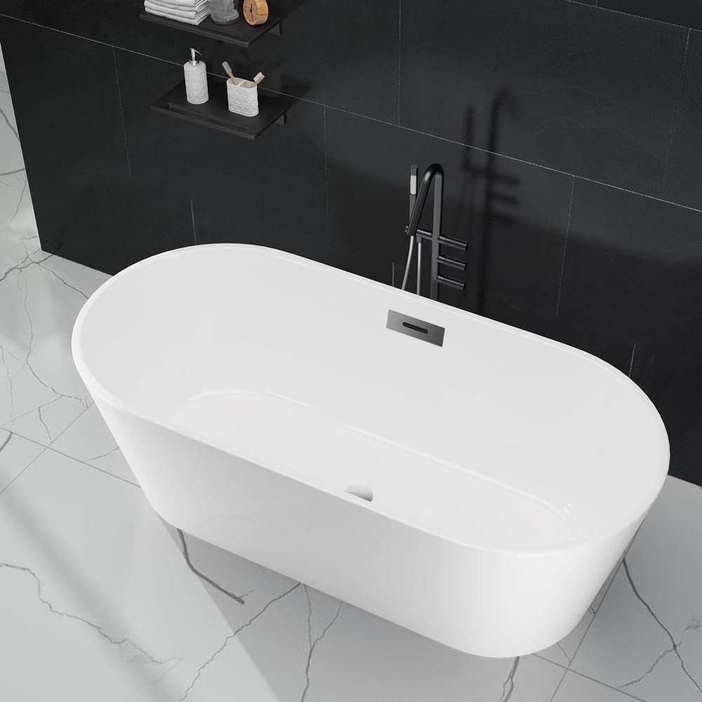 59 Inch Freestanding Bathtub, Acrylic Free Standing Tub 59 Inch – White Finish with Chrome Drain and Overflow, Ergonomic Soaking Design, Ideal Bathroom White 59 Inches Bathtub
