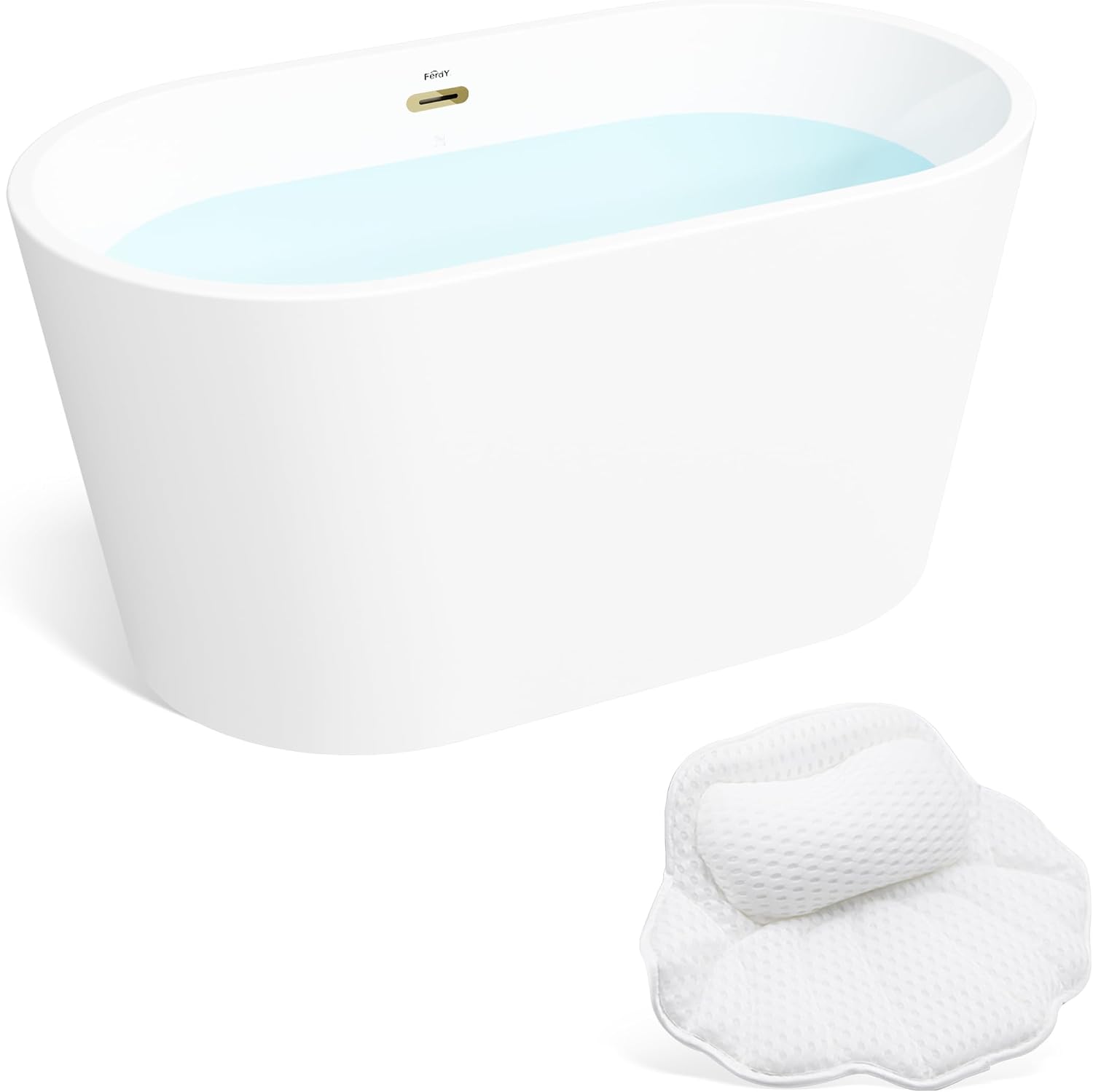 FerdY Shangri-La 47' Acrylic Freestanding Bathtub, Small Classic Oval Shape Acrylic Soaking Bathtub with Polished Gold Drain & Bath Pillow for Bathtub,Thick Tub Pillows, Breathable 4D Air Mesh