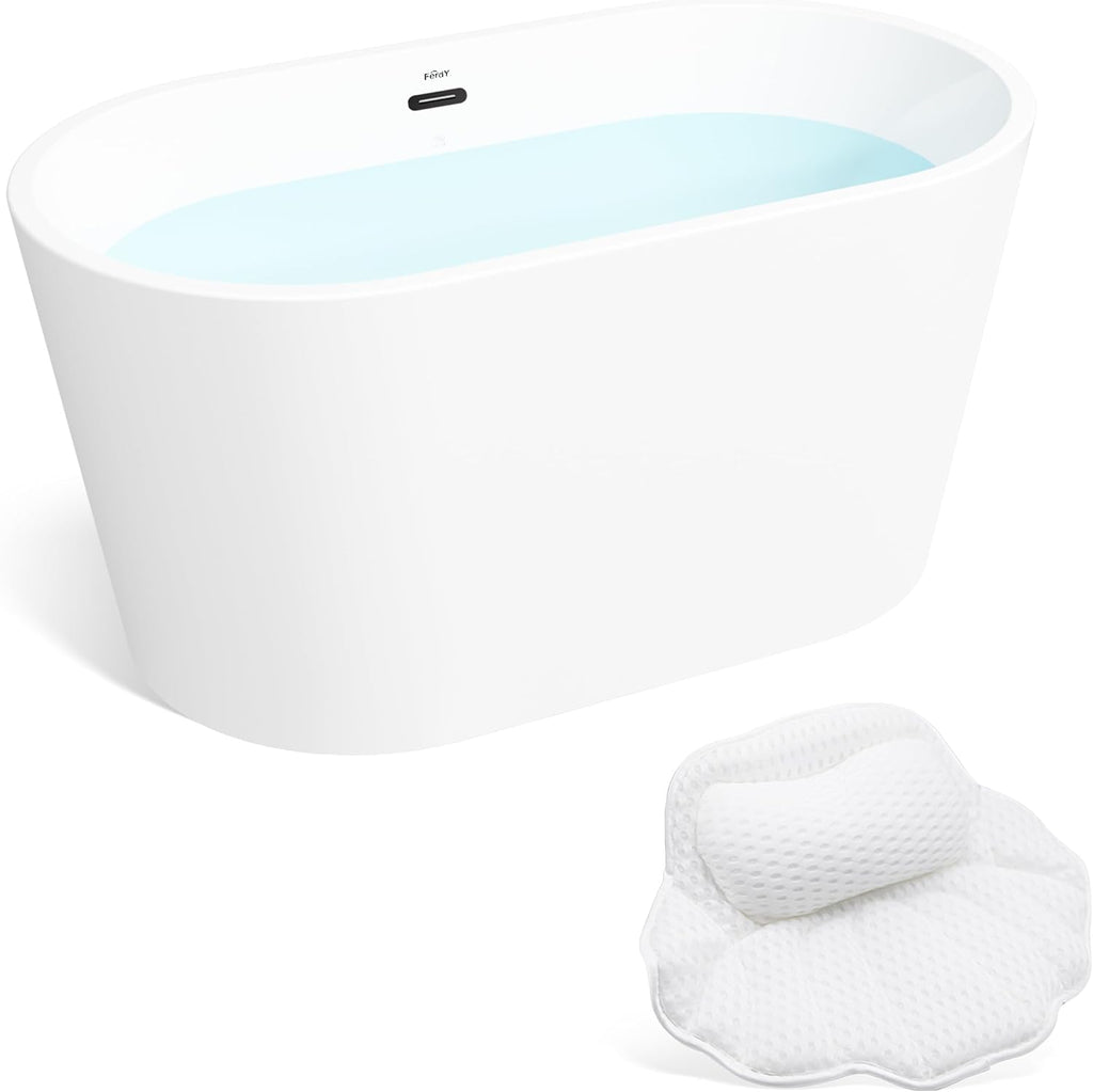 FerdY Shangri-La 47' Acrylic Freestanding Bathtub, Small Classic Oval Shape Acrylic Soaking Bathtub with Matte Black Drain & Bath Pillow for Bathtub,Thick Tub Pillows, Breathable 4D Air Mesh