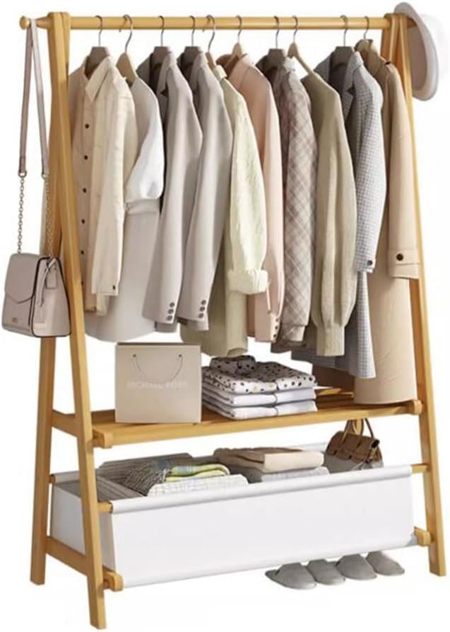zktoermn Foldable Floor Mounted Coat Rack, with Large Storage Bag Clothes Organizer Stand 2-in-1 Freestanding Garment Rack for Bedroom, Laundry Room, Living-Room (Color : Natural, Size : 86x40x159cm)