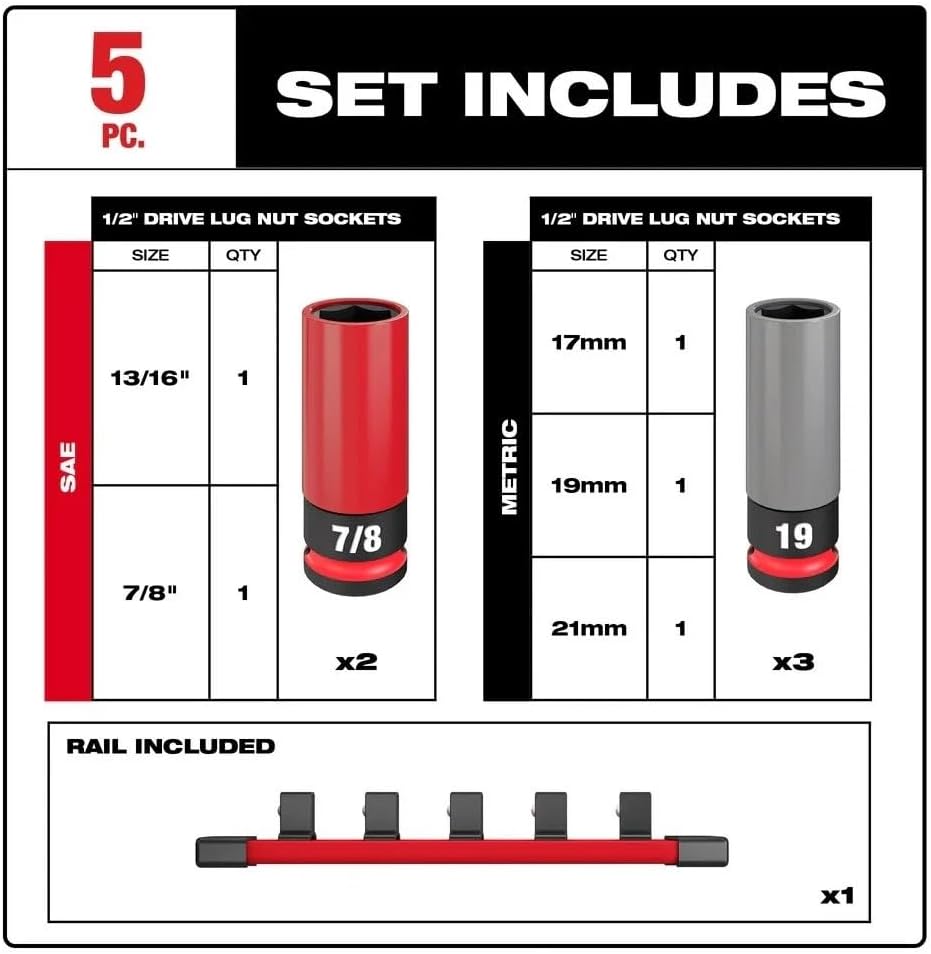 5PC 49-66-7831 for Milwaukee 1/2' Lug Nut Wheel Socket Set - SAE/Metric