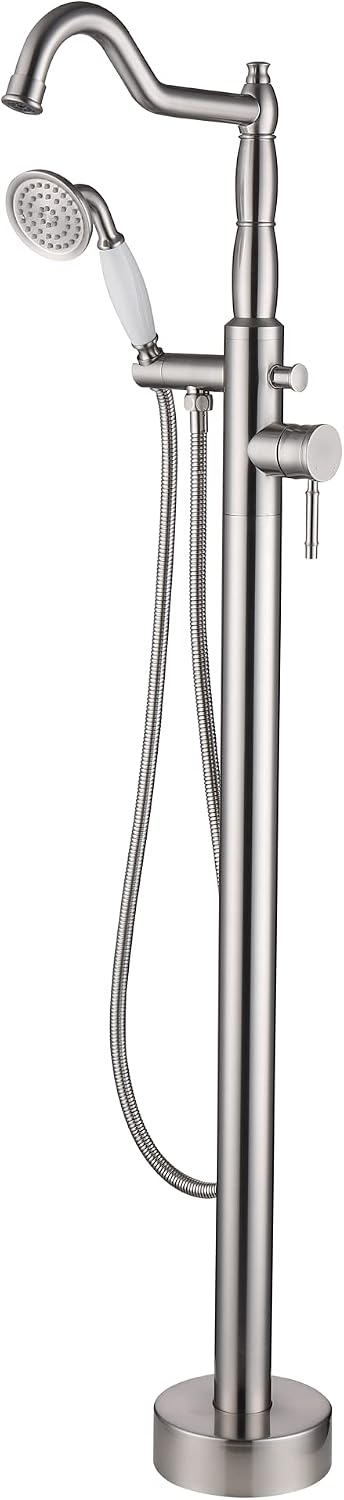 Free Standing Tub Faucet Brushed Nickel, Brass Freestanding Bathtub Faucet, Stylish Tub Filler Stand Alone Clawfoot Tub faucet Tub Fillers Floor Mounted Tub Filler with Rotate Handheld