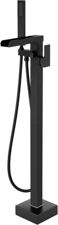 Wowkk Waterfall Tub Filler Freestanding Bathtub Faucet Black Floor Mount Brass Single Handle Bathroom Faucets with Hand Shower