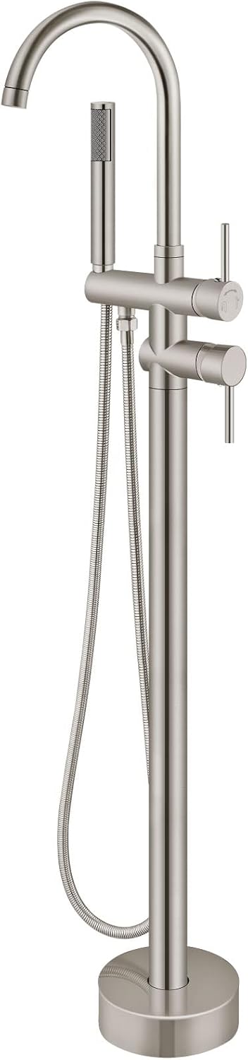 Aolemi Floor Mount Bathtub Faucet Freestanding Tub Filler Standing High Flow Shower Faucets Shower Mixer Taps, Swivel Gooseneck Spout with Cylinder Handheld Brushed Nickel