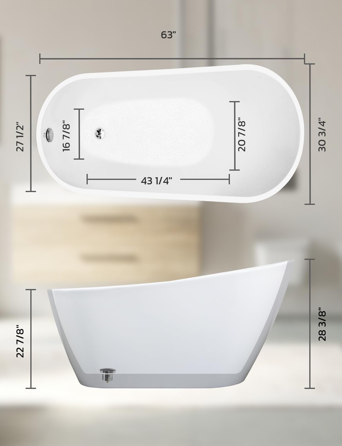 Zevemomo 63' Acrylic Freestanding Bathtub, Modern Soaking Bathtub, High Gloss White Contemporary Stand Alone Tub with Brushed Nickel Finish Drain and Overflow, Easy to Install, cUPC Certified