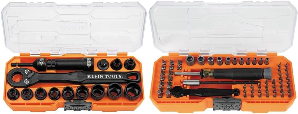 Klein Tools 15-Piece 3/8-Inch Impact Socket Set with Pass Through Head and 64-Piece Micro-Ratchet Precision Driver Set with Magnetic Bits and Nut Drivers