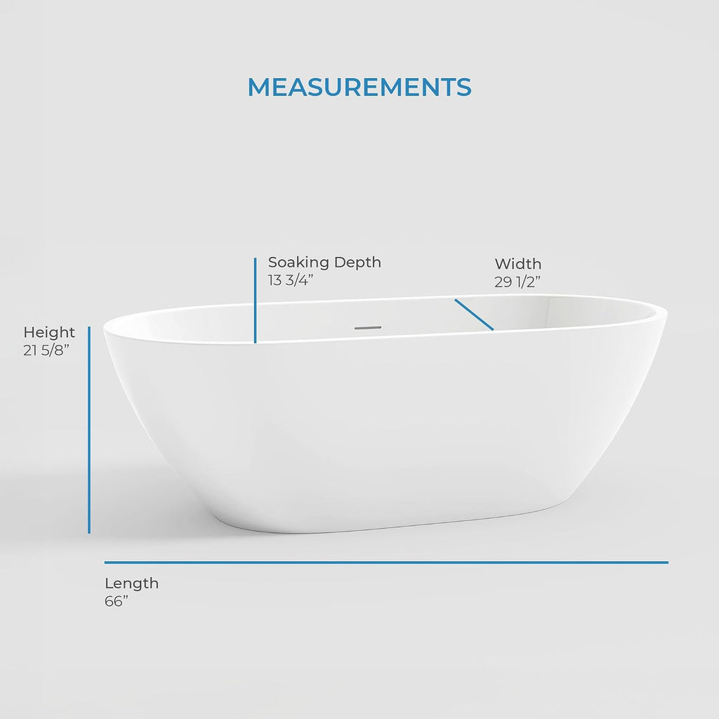 OVE Decors Ayago 66 in. Solid Surface Freestanding White Acrylic Soaking Bathtub, with Overflow and Matte Black Pop-up Drain
