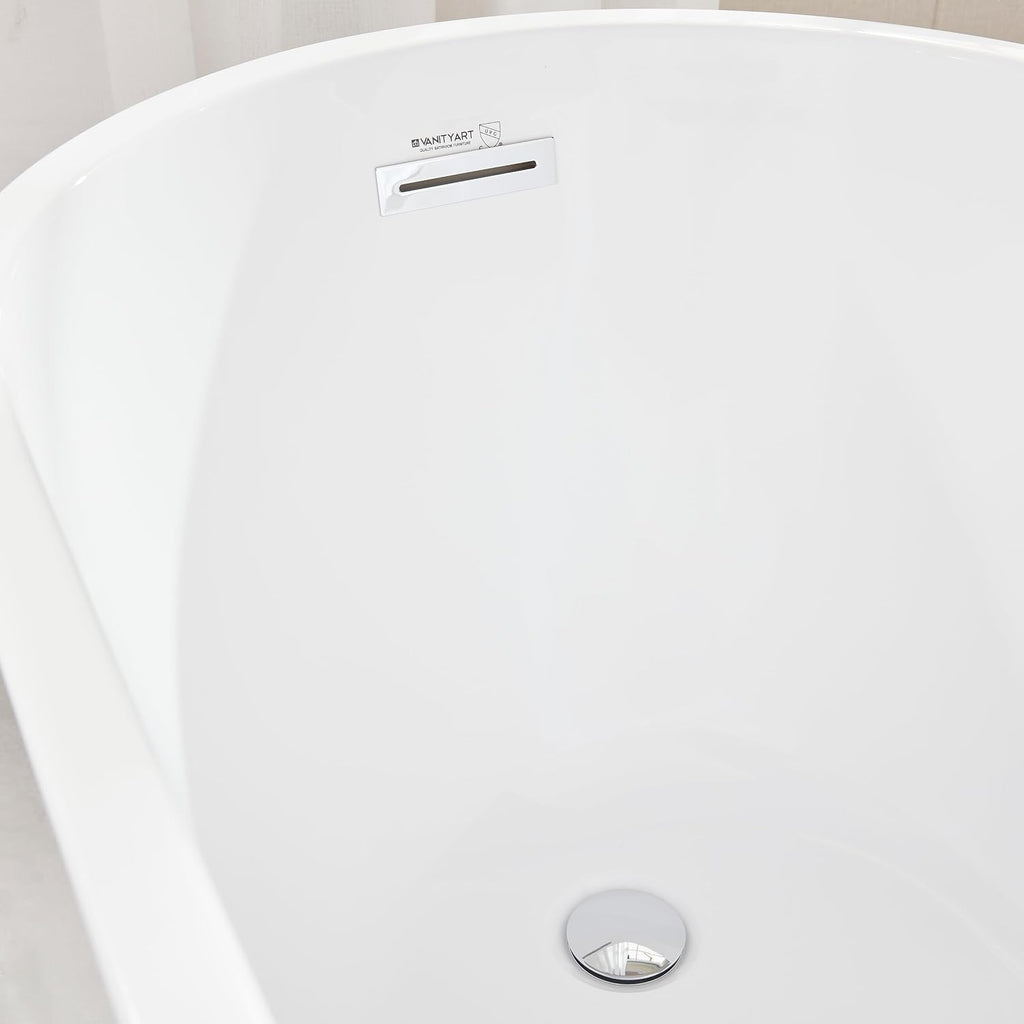 Vanity Art 55' Free Standing Tub Non-Slip Contemporary Design Freestanding Bathtub Soaking Tub with Overflow and Pop-up Drain, UPC Certified