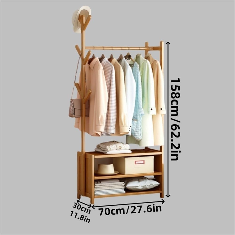 Wooden Clothes Rack with Storage, Freestanding Garment Rack with 6 Hooks, Stylish Coat Rack for Bedroom, Study, Dining Room & Dorm, 27.6' x 11.8' x 62.2' (Yellow)