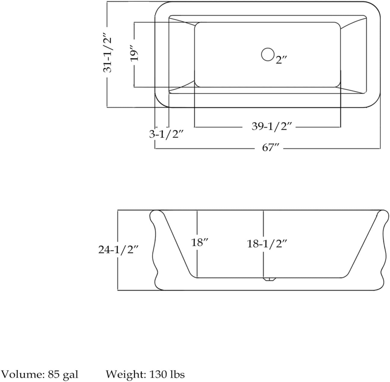 Crest 67 in. L x 31-1/2 in. W x 24-1/2 in. H Freestanding Acrylic Bathtub, Matte Black Drain