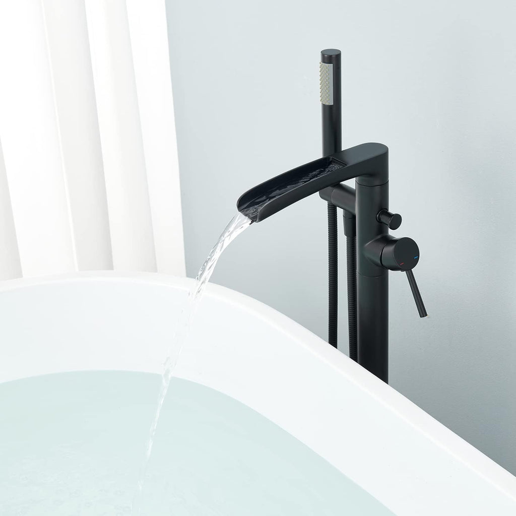 Wowkk Waterfall Freestanding Bathtub Faucet Black Floor Mount Tub Filler Brass Single Handle Bathroom Faucets with Hand Shower