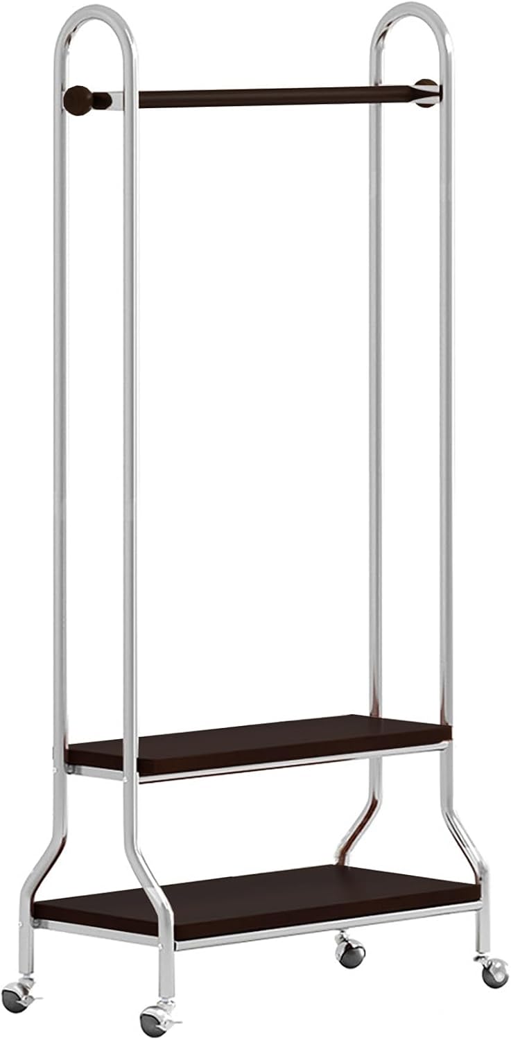Clothes Rack With Wheels,Portable Rolling Garment Rack For Hanging Clothes,2-layer Shelf,Combination Of Stainless Steel And Solid Wood,Suitable For Entrance,Bedroom,Clothing Store(Black)