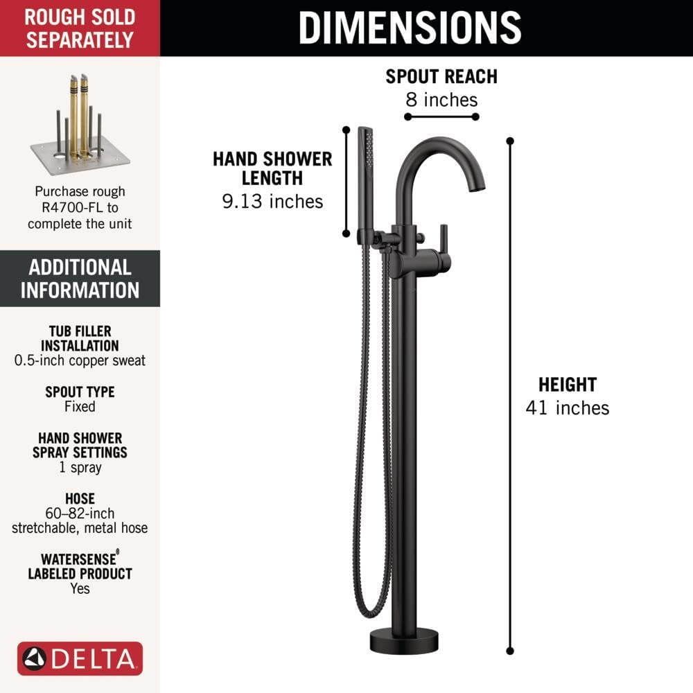 Delta Faucet Trinsic Floor Mount Tub Filler - Freestanding Roman Tub Spout with Handheld Shower - Flexible Shower Hose - Double Check Valves - Matte Black, T4759-BLFL (Rough Sold Separately)
