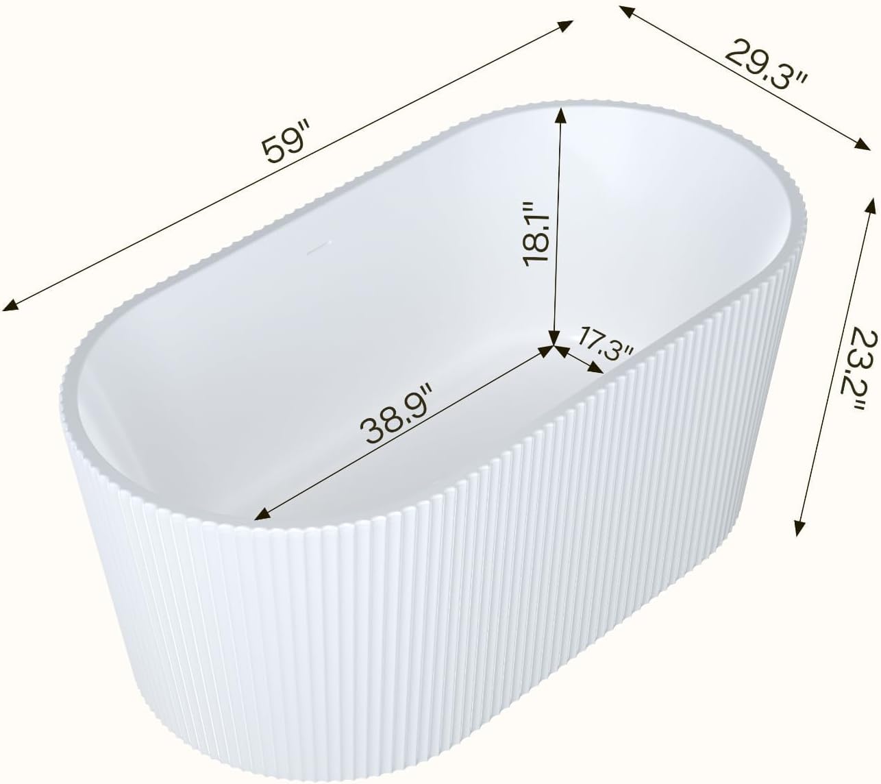 59 Inch Freestanding Bathtub Oval Acrylic Soaking Tub with Decorative Stripe Design, Integrated Overflow & Pop-Up Drain, Modern Stand Alone Tub for Contemporary Bathroom Remodel, White