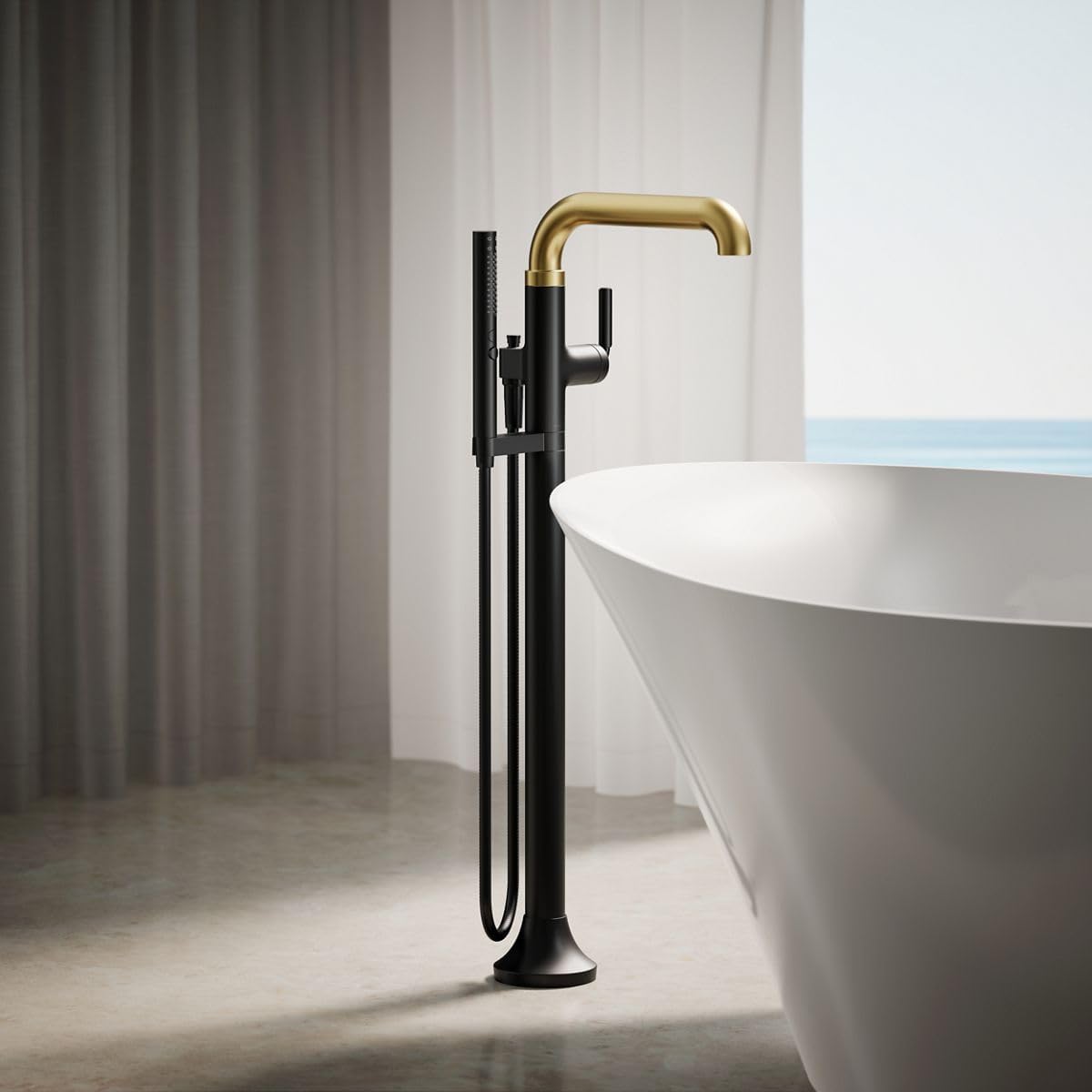 Kohler T27424-4-BMB Tone™ Floor-Mount Bath Filler Trim with handshower, Matte Black with Brushed Moderne Brass