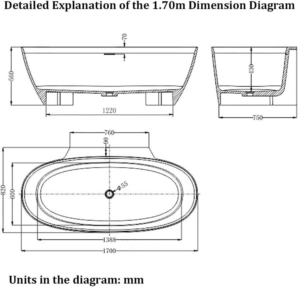 Ergonomic Luxury Spa Bathtub, Oval-Shaped Transparent Resin Tub with Drain, Handcrafted Extra-Deep Tub, Modern Spa Bathroom, 55-70 Inches,A l170cm