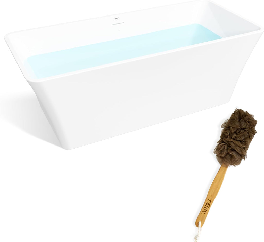 FerdY Sentosa 67' Acrylic Freestanding Bathtub, Contemporary Design Soaking Tub with Matte Black Drain & Back Scrubber for Shower,Long Handled Loofah on a Stick, Soft PE Mesh Back Sponge