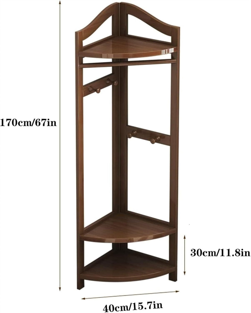 Wooden Coat Rack Freestanding Garment Rail with Hooks, Bamboo Corner Floor Hanger for Hats, Coats, Bags, Bedroom, Entryway, Hallway (Walnut, 170cm)