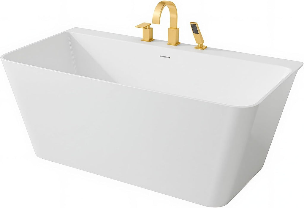 Vault Series 59 in. x 30 in. Flat Bottom Acrylic Freestanding Soaking Bathtub with Center Drain, Brushed Gold Faucet