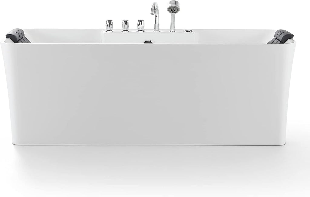 59 in. Acrylic Freestanding Bath Tub Hydromassage Gracefully Rectangle Shaped 8 Water Jets Soaking SPA, Double-Ended Massage Bathtubs with Two Black Pillows , White