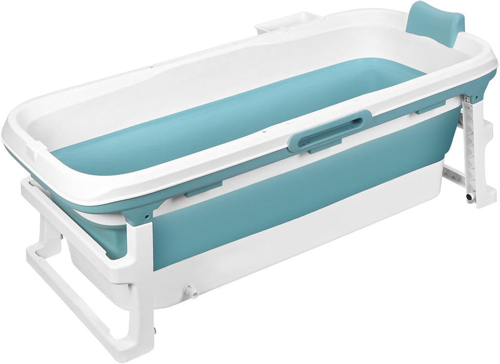 51' Portable Folding Bathtub, Soaking Bath Tub for adult, Foldable Tub with Thermal Cover, Massage Roller, Hollow Hand Holes, Freestanding Large Collapsible Tub (Blue)