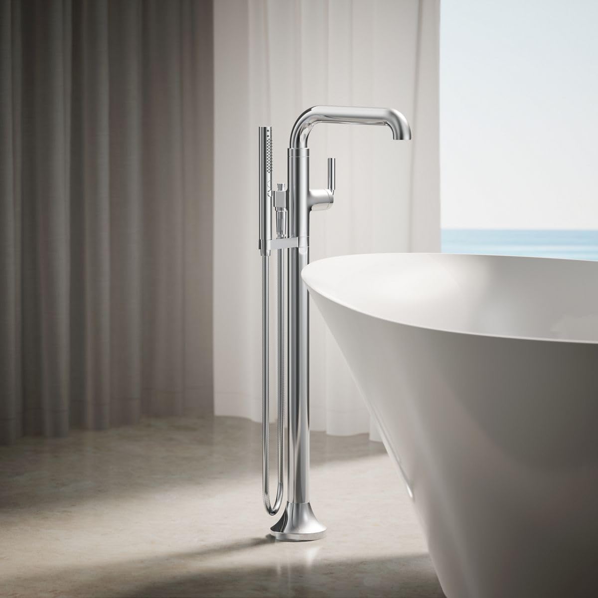Kohler T27424-4-CP Tone™ Floor-mount bath filler trim with handshower, Polished Chrome
