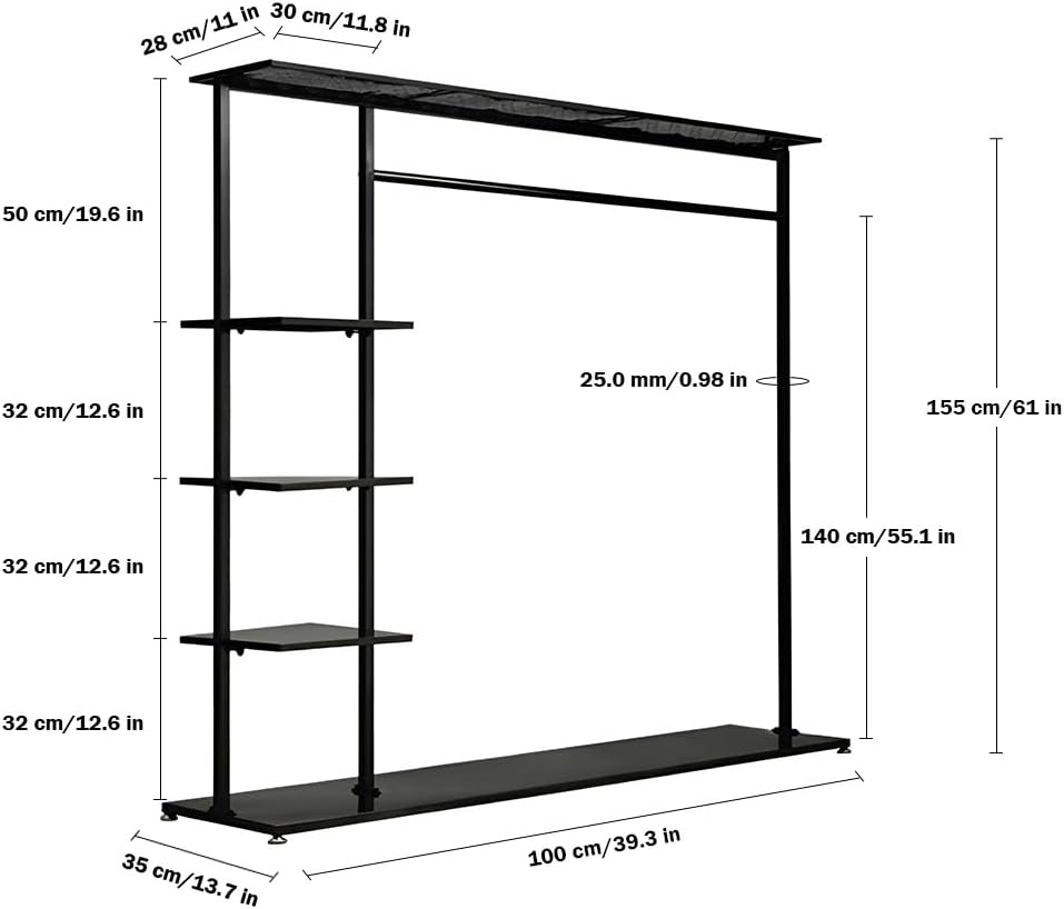 Black Large Clothing Rack 4 Tiers Heavy Duty Garment Rack Freestanding Closet Organizer, Max Load 330LBS(100x35x155cm)