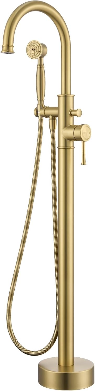Free Standing Tub Faucet, Wintap Classic Freestanding Bathtub Faucet with Sprayer Brass Elegant Floor Mount Bath Faucets High Flow Roman Tub Filler, Brushed Gold （WT-3311BG）