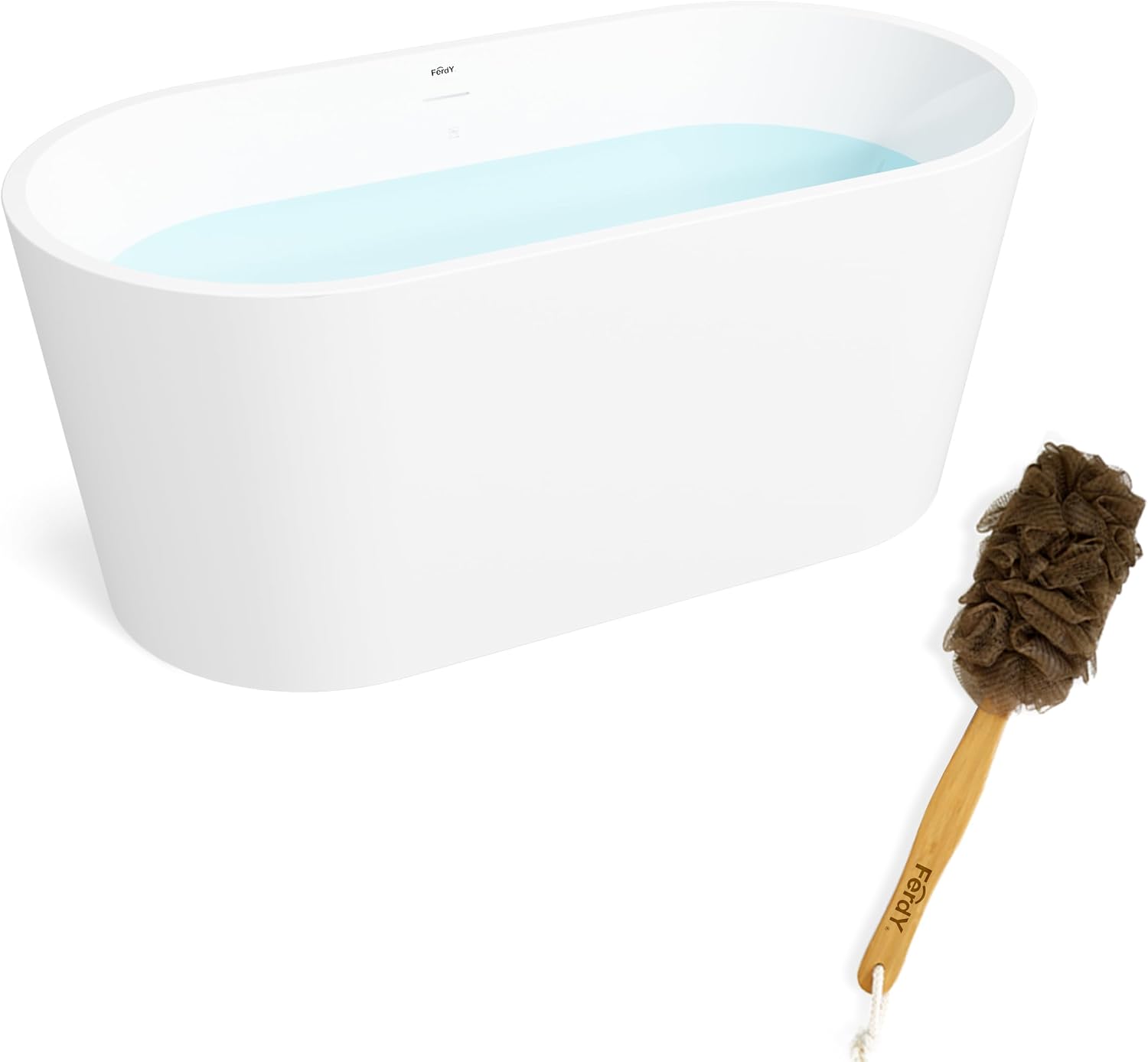 FerdY Luzon 55' Acrylic Freestanding Bathtub, Ergonomic Lightweight Classic Oval Soaking Bathtub with Brushed Nickel Drain & Back Scrubber for Shower,Long Handled Loofah on a Stick, Body Brush