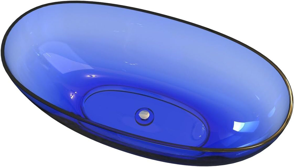 61' Premium Solid Surface Freestanding BathTubs, Upgraded Modern Transparent Blue Design Stand Alone Tub with Pop-up Drain