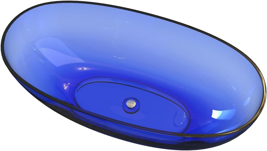 61' Premium Solid Surface Freestanding BathTubs, Upgraded Modern Transparent Blue Design Stand Alone Tub with Pop-up Drain