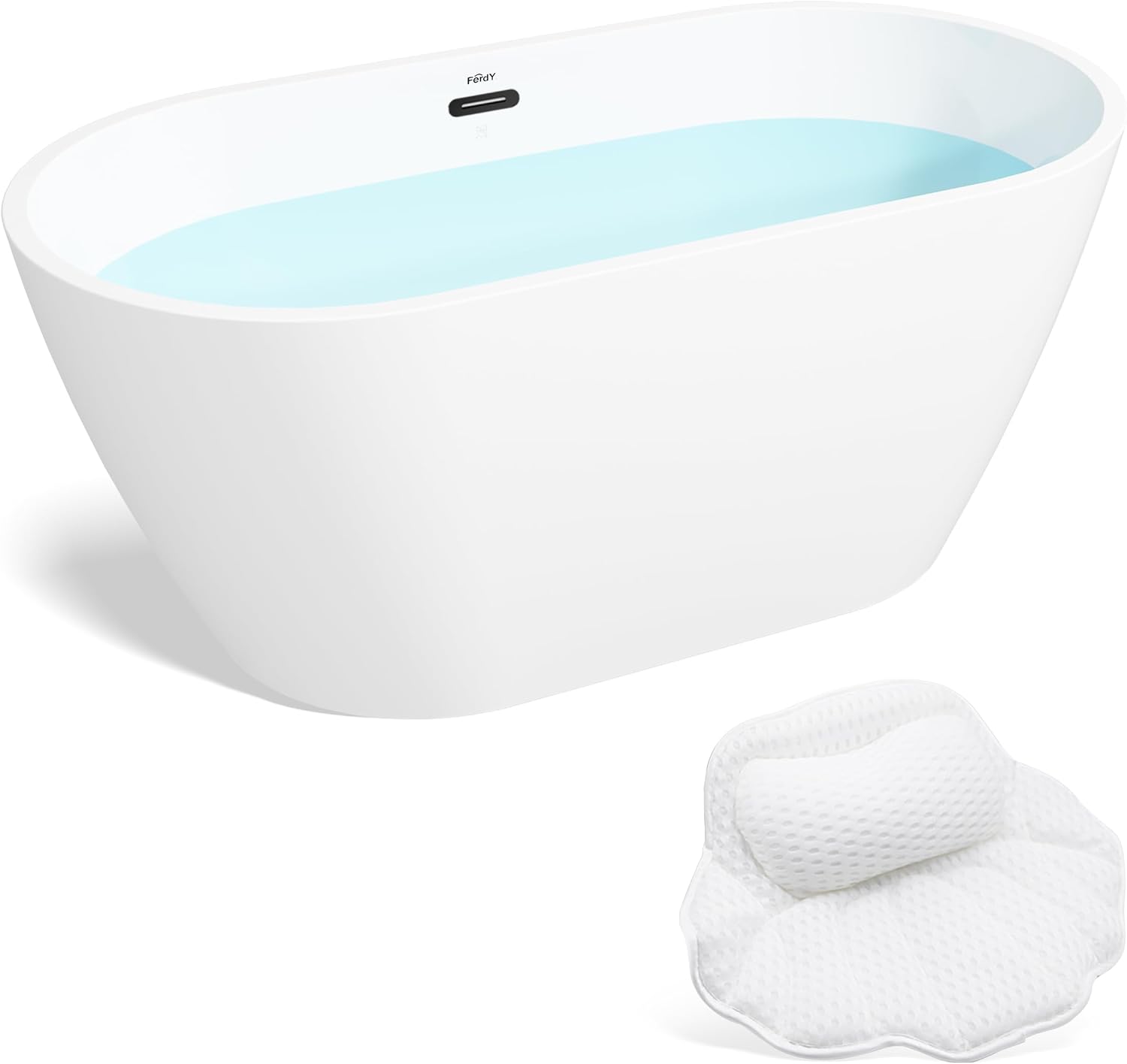 FerdY 55' Bali Acrylic Freestanding Bathtub, Gracefully Shaped Freestanding Soaking Bathtub, cUPC Certified, Toe-Tap Matte Black Drain& Bath Pillow for Bathtub,Thick Tub Pillows Breathable 4D Air Mesh
