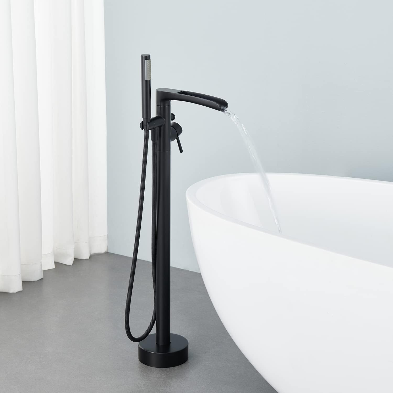 Wowkk Waterfall Freestanding Bathtub Faucet Black Floor Mount Tub Filler Brass Single Handle Bathroom Faucets with Hand Shower