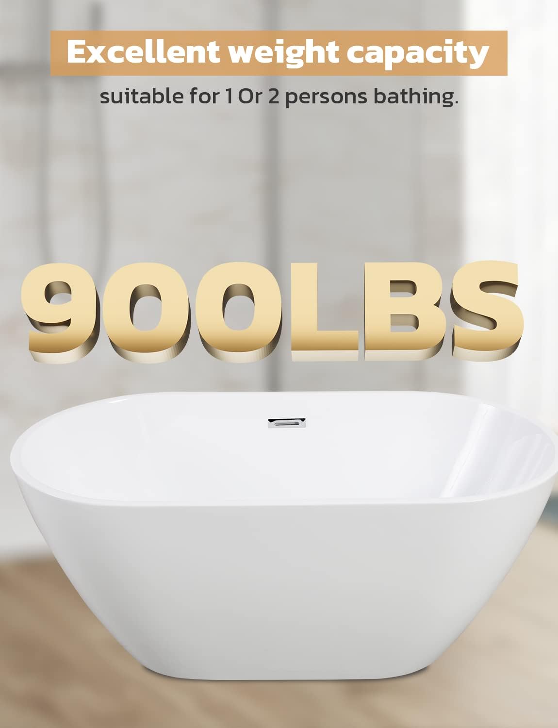 Zevemomo 55' Sleek White Acrylic Freestanding Bathtub, Soaking Tub with Brushed Chrome Overflow and Drain