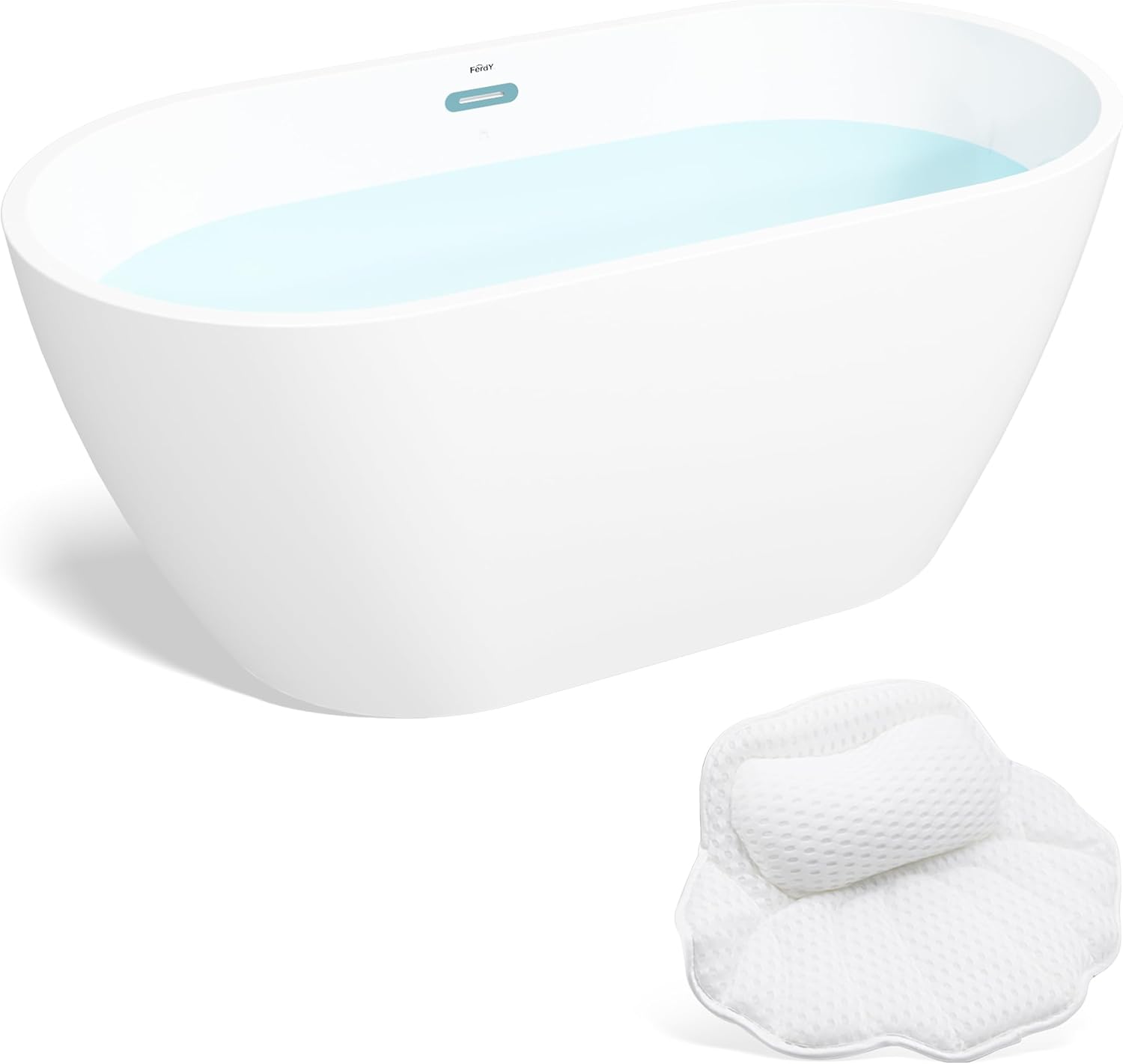 FerdY Nauru 55' Acrylic Freestanding Bathtub with Headrest, Gracefully Shaped Soaking Bathtub, Glossy White cUPC Certified, Toe-Tap Chrome Drain & Classic Slotted Overflow & Bath Pillow Included