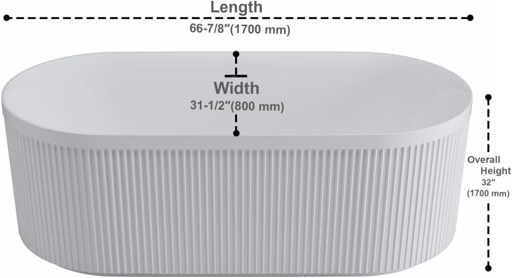 Dowell 67' x 31' Freestanding Bathtub, Acrylic Soaking Tubs, Fluted Design Oval Shape Bathtub W,Matte White-081 6731 01