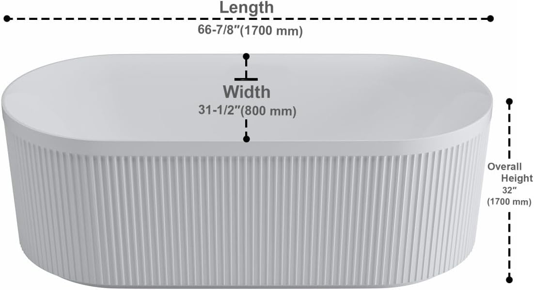 Dowell 67' x 31' Freestanding Bathtub, Acrylic Soaking Tubs, Fluted Design Oval Shape Bathtub W,Matte White-081 6731 01