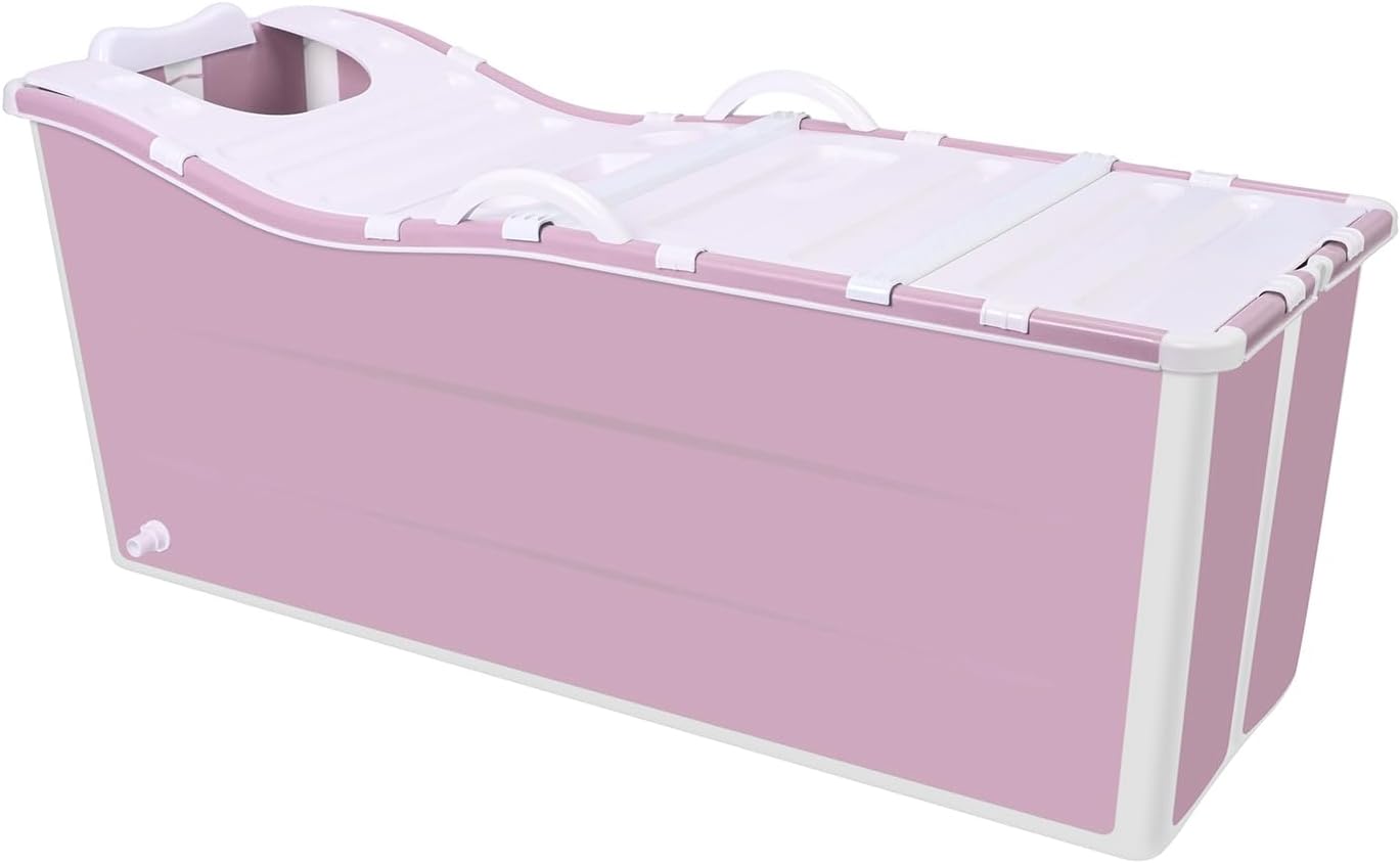 Portable Foldable Bathtub, Bathing Tub for Shower Stall, Portable Bathtub for Adult, Space Saving Home Spa Bath, Freestanding Effortless Folding Bathtub with Thermal Lid, Handrail Pink