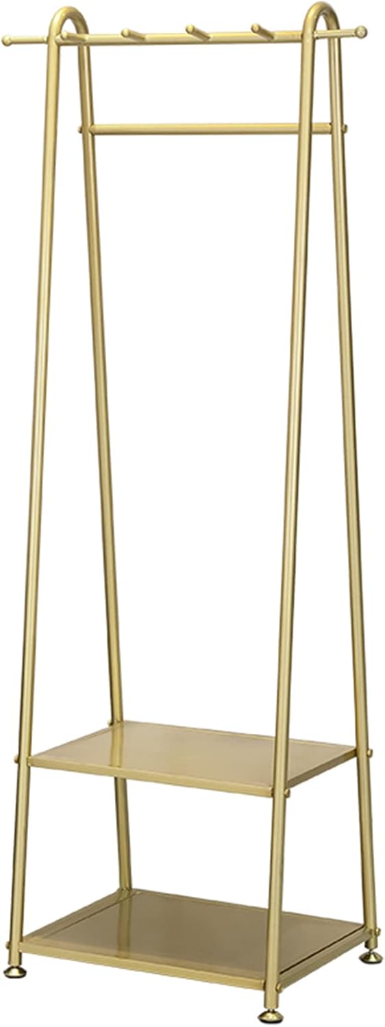 Heavy duty Garment rack Multipurpose Clothing Rack With 4 Hooks And 2 Tier Shelves Freestanding Coat Rack For Bedrooms And Small Spaces Metal Clothes Rail And Clothes Organizer, Gold, 50x40x158CM