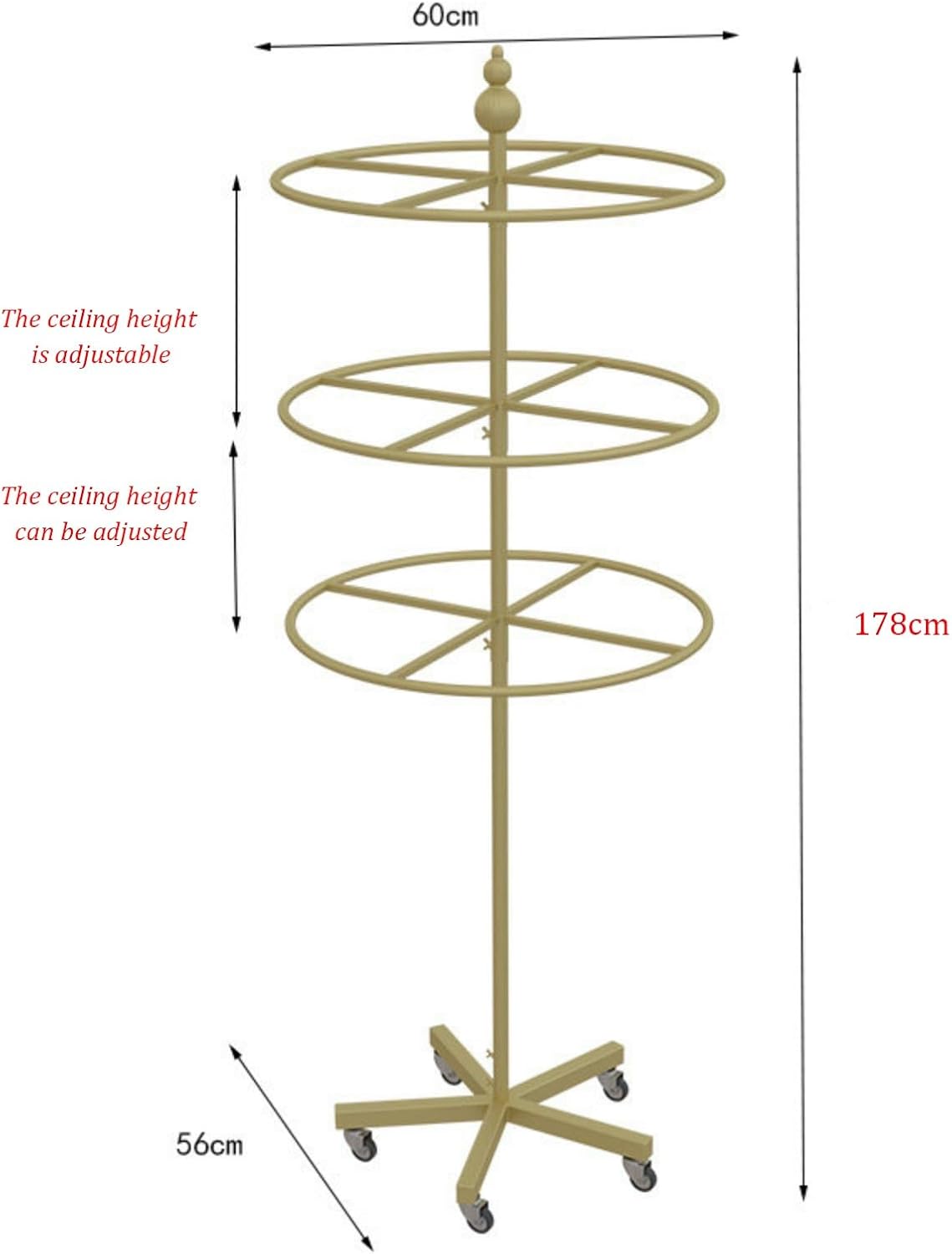 3-Tier Round Garment Rack, 360° Retail Floor Standing Rotating Display Stand, Kids Garment Rack with 5 Wheels, for Retail Store, Boutique, Home Closet(Gold,H-178 cm)
