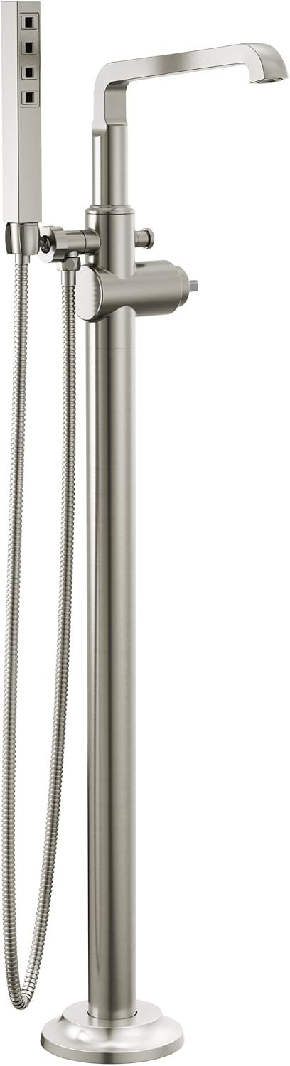 Delta Faucet Tetra Floor-Mount Freestanding Tub Filler with Hand Held Shower, Brushed Nickel Tub Faucet, Lumicoat Stainless T4789-PR-LHP-FL (Valve and Handle Not Included)