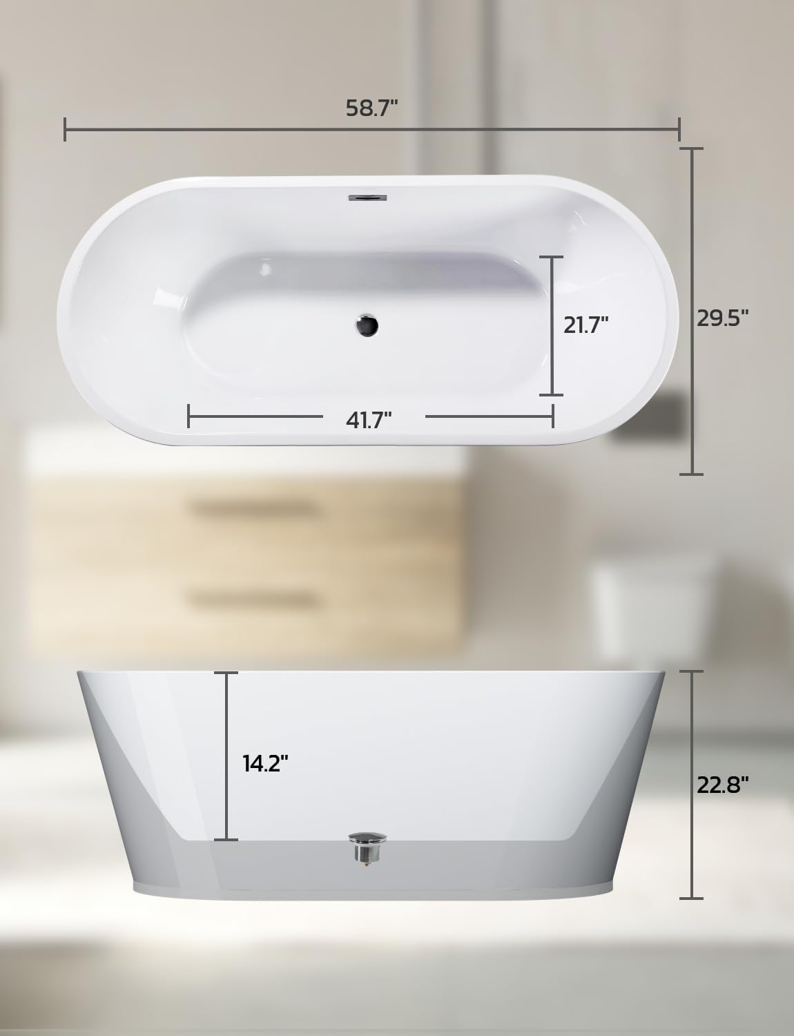 Zevemomo 59Inch Acrylic Freestanding Bathtub, Modern Stand Alone Soaking Tub with Brushed Nickel Overflow and Drain