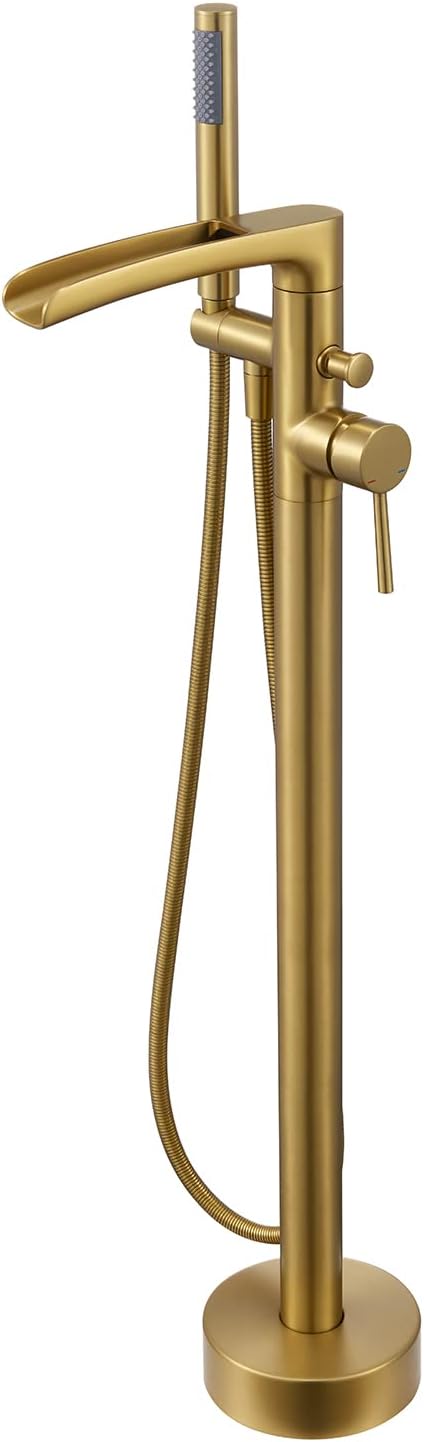 Wowkk Waterfall Freestanding Bathtub Faucet Brushed Gold Floor Mount Tub Filler Brass Single Handle Bathroom Faucets with Hand Shower