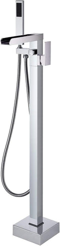 Wowkk Freestanding Tub Filler Waterfall Bathtub Faucet Chrome Floor Mount Brass Single Handle Bathroom Faucets with Hand Shower