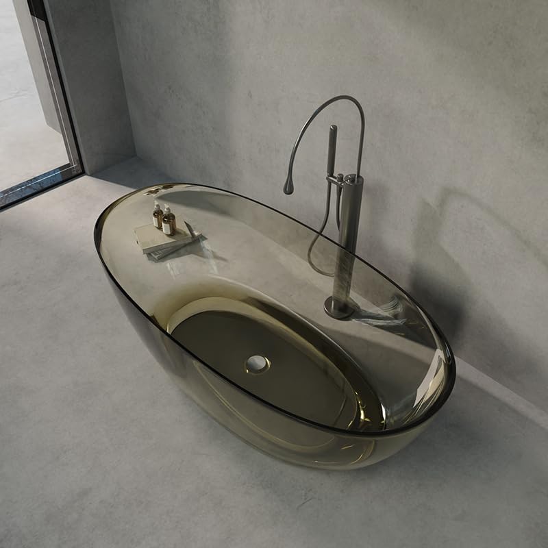 Modern Oval Freestanding Bathtub, Resin Material, Roll Top Soaking Design, Contemporary Style (Grey, 55'L x 31'W x 22'H)