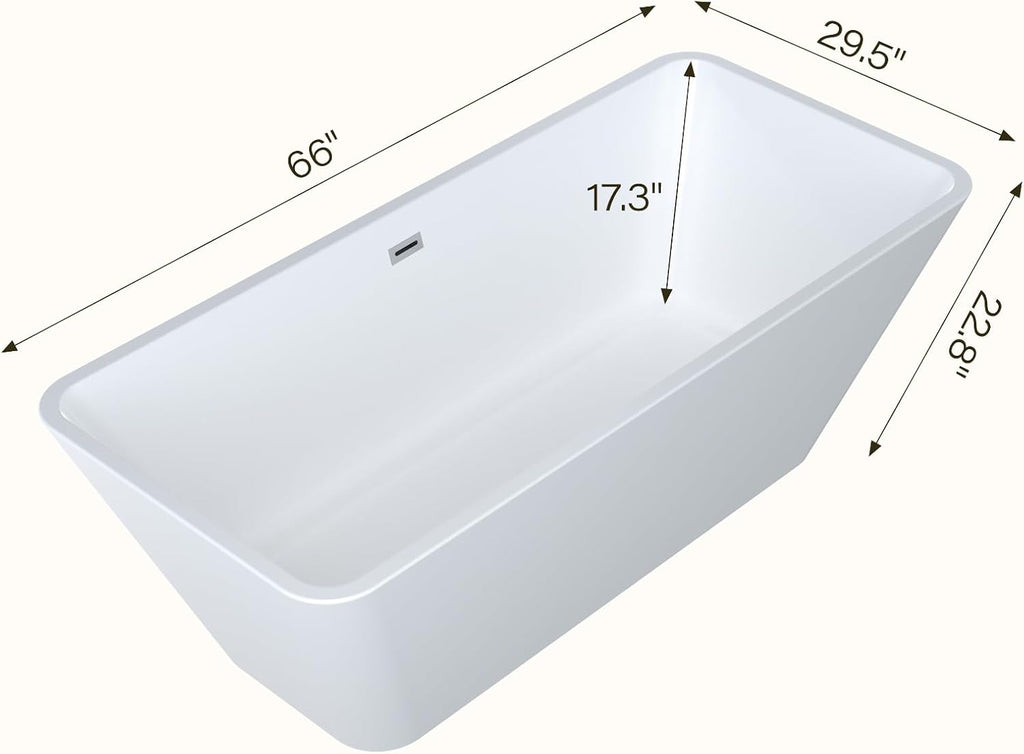 66 Inch Freestanding Bathtub, Acrylic Deep Soak Tub, Glossy White, Easy Install with Overflow & Drain