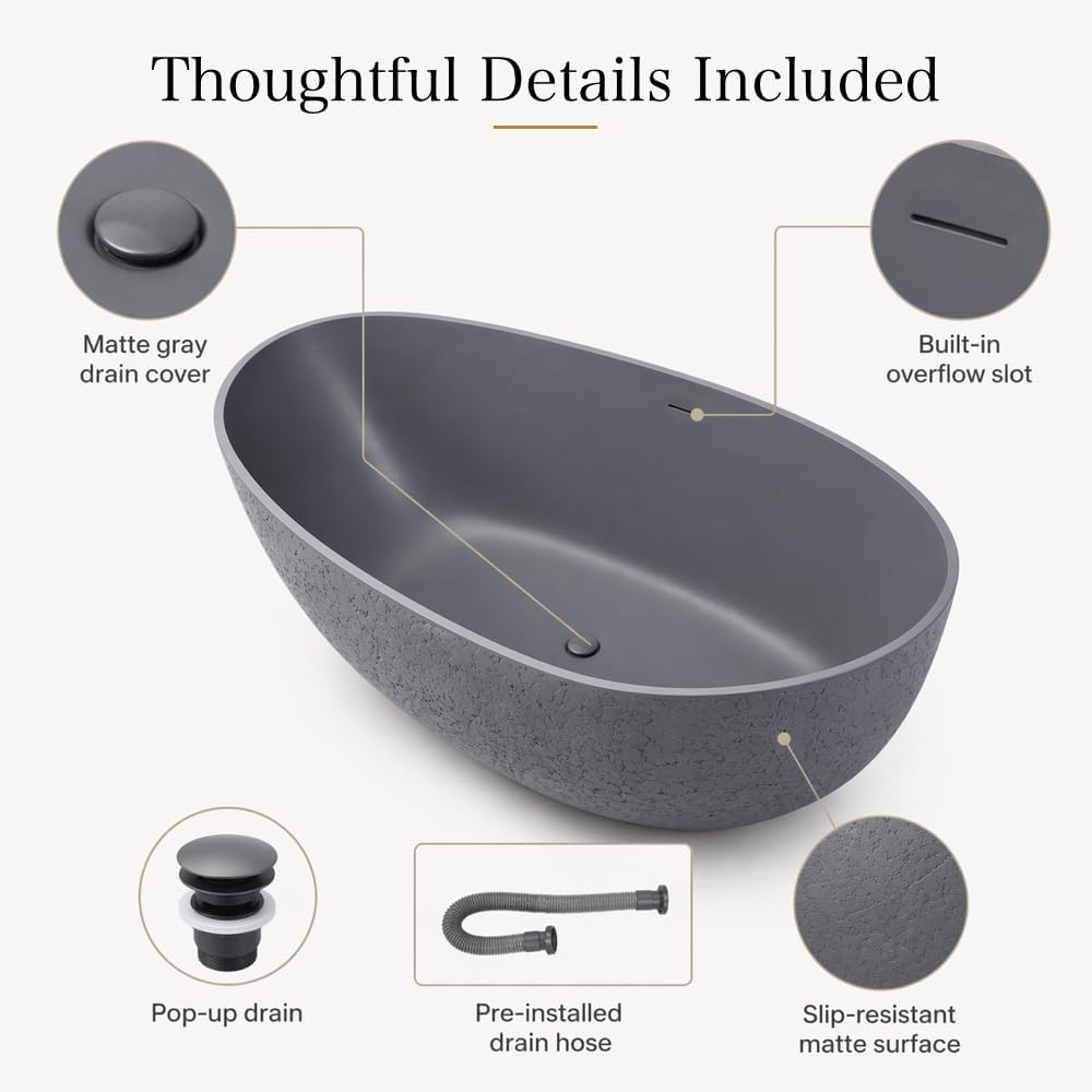 67' Stone Resin Luxury Contemporary Solid Surface Freestanding Bathtub in Cement Point Treatment Oval Tub