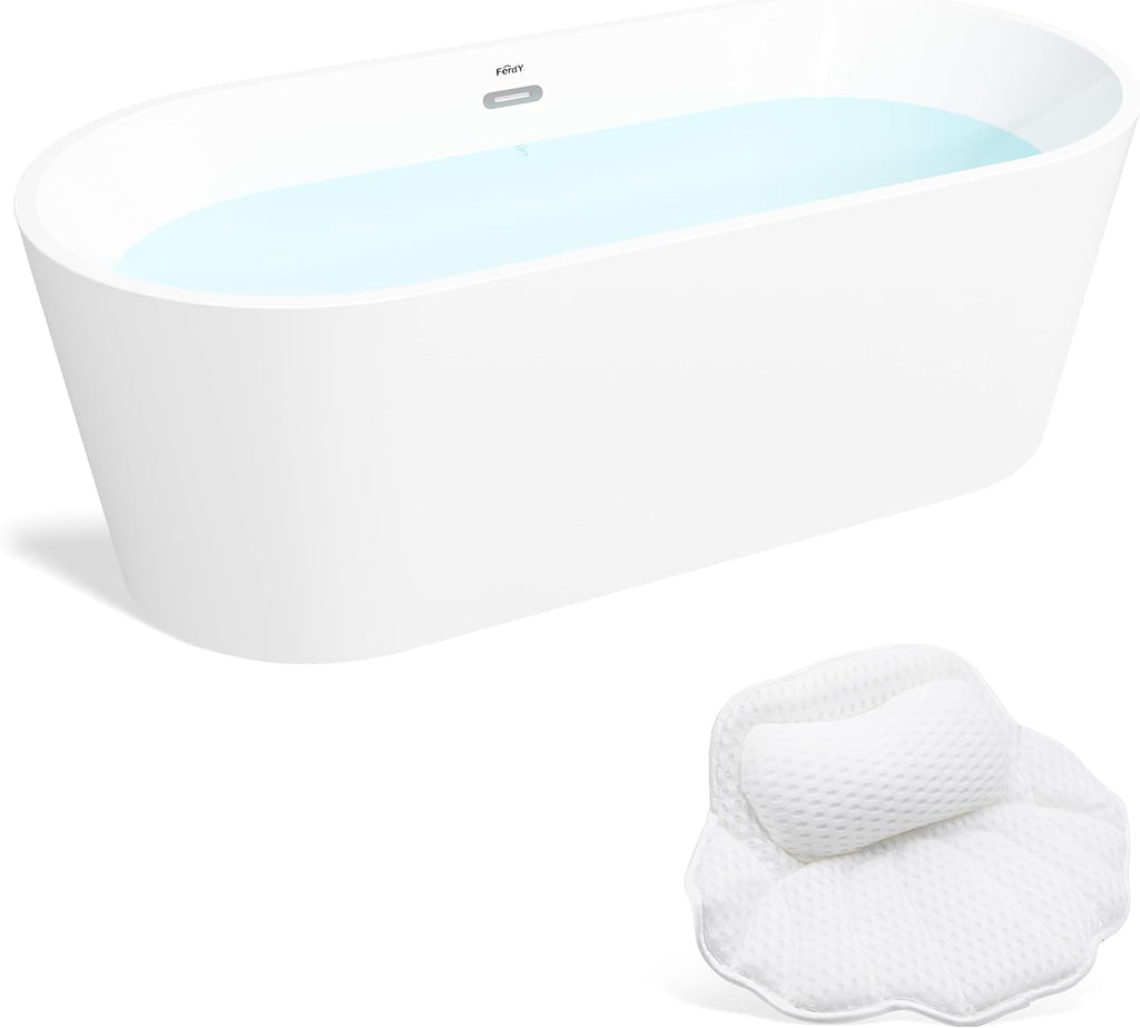 FerdY Luzon 67' Acrylic Freestanding Bathtub, Ergonomic Lightweight Classic Oval Soaking Bathtub with Chrome Drain & Bath Pillow for Bathtub,Thick Tub Pillows, Breathable 4D Air Mesh